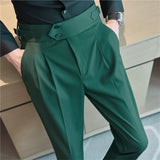 Bonsir British Style Men High Waist Casual Dress Pant Men Belt Design Slim Trousers Formal Office Social Wedding Party Dress Suit Pants