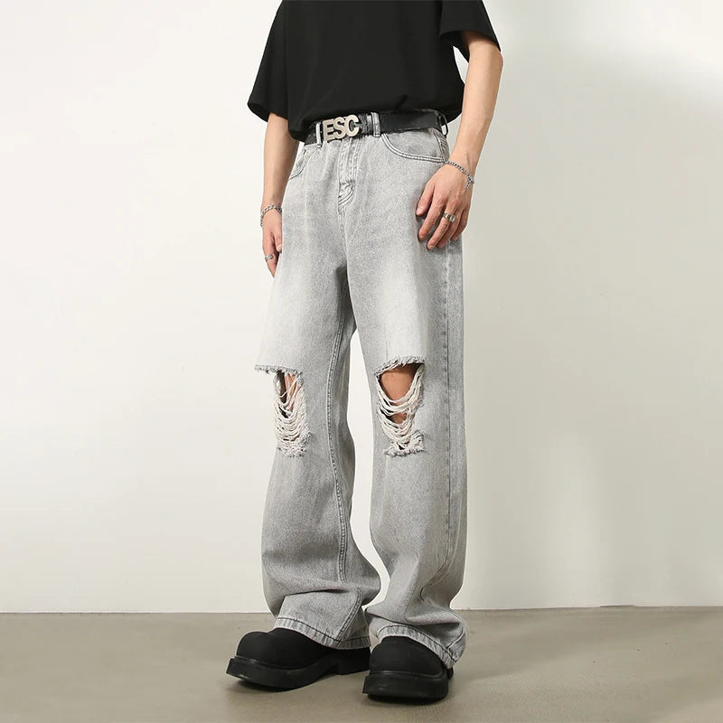 Bonsir  Ripped Jeans Men High Street Male Hip Hop Distressed Denim Wide Leg Pants Casual Trousers Vintage Streetwear Loose