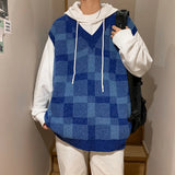 BONSIR  -  Sweater Vest Men Autumn V-neck Japanese Vintage Plaid College Knitted Fashion Loose All-match Ins Sleeveless Pullover Clothing