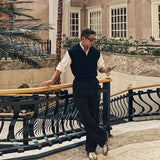 BONSIR  -  New Korean Fashion Polo Neck Men Sweater Vest Light Luxury Retro Business Knitted Sleeveless Waistcoats Leisure Premium Knitwear