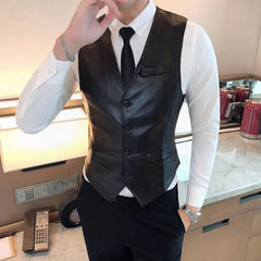 Bonsir Leather Vest Men New Fashion Casual High Quality Solid Color Single Breasted Slim Large Size Business Vest Waistcoat S-5XL