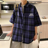 BONSIR  -  Y2k Streetwear Striped Plaid Shirt Men Single-breasted Square Collar Shirts Summer Fashion Casual Camisa Men Chemise Tshirt