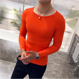 Bonsir Spring Round Neck Slim Fit Solid Color T Shirts Men Long Sleeve Simple Bottoming Shirt Casual Clothing Tee Top 4XL-M
