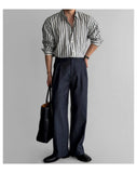 BONSIR  -  New Naples Business Men Shirts Light Luxury Textured Lapel Striped Long Sleeve Cardigan Leisure Premium Commuter Blouse M-2XL