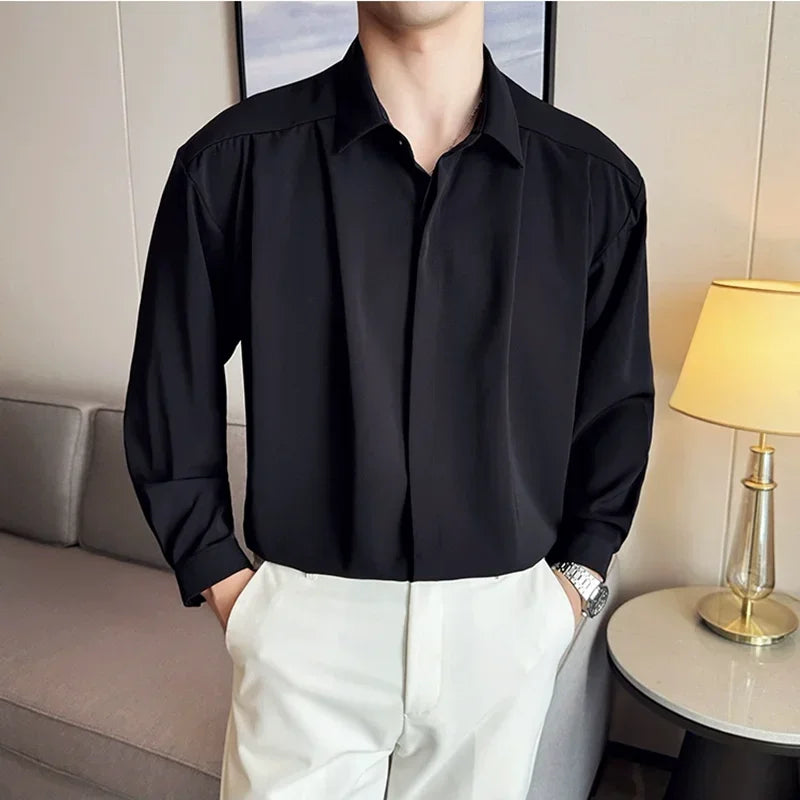 Bonsir Autumn Loose pleated Design Drape Shirts Men's Long Sleeved Korean Style Luxury Casual Social Shirt Prom Tuxedo Men's Clothing