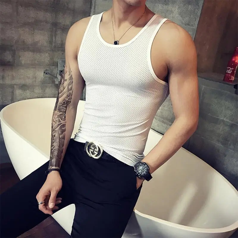 Bonsir Summer Cool Breathable Mesh Sweat Tank Vest Men Solid Color Sleeveless Round Neck Sweat Absorption Gym Men Tank Top