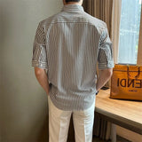 BONSIR  -  New Fashion Striped Stand Collar Men Shirts Luxury Casual Textured Half Sleeve Cardigan Tops Summer Business Slim-fit Blouse