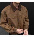 BONSIR  -  American Style Men Jacket Contrast Color Turn-down Collar Patchwork Washing New Autumn Silhouette Loose Male Coat 24K5356