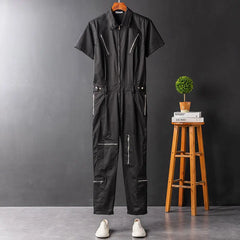 BONSIR  -  Summer Overalls Men Jumpsuit Lapel Cotton Short Sleeve Multi-Pocket  Zipper Hip Hop Streetwear Pants Black Gray Trousers