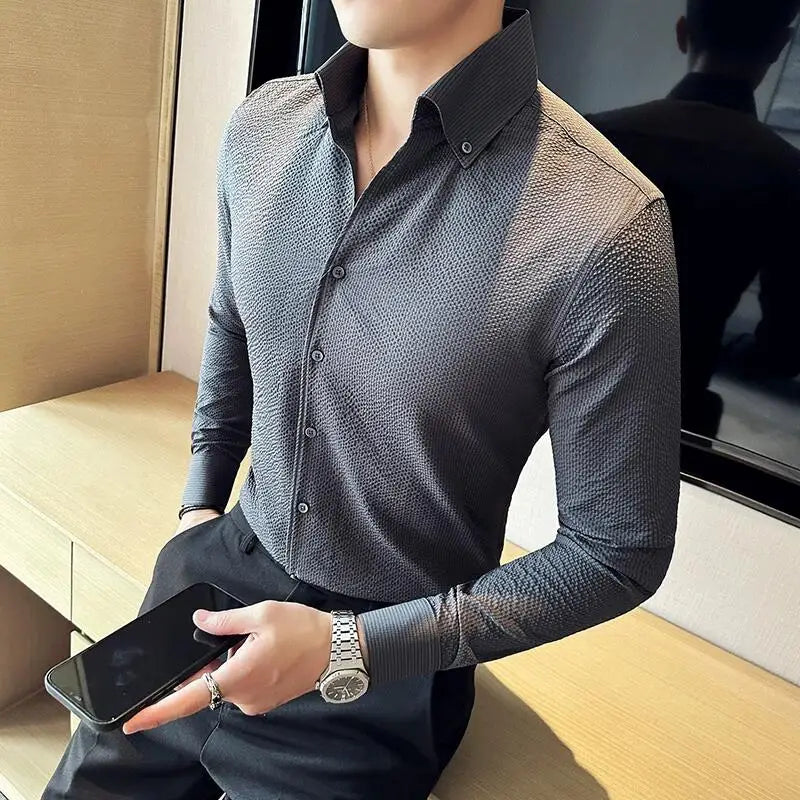 Bonsir Autumn New Waffle V Neck Shirt Men's Long Sleeve Standing Neck Slim Fit Business Formal Dress Shirt Social Tuxedo Shirt Top