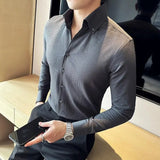 Bonsir Autumn New Waffle V Neck Shirt Men's Long Sleeve Standing Neck Slim Fit Business Formal Dress Shirt Social Tuxedo Shirt Top