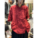 BONSIR  -  Chinese Style Buttoned Linen Shirt Spring and Summer New Elegant Stand-up Collar Slanted Sling Buttoned Loose Top