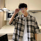 BONSIR  -  Y2k Streetwear Striped Plaid Shirt Men Single-breasted Square Collar Shirts Summer Fashion Casual Camisa Men Chemise Tshirt