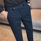 Bonsir Dark stripe Men Formal Trousers 2024 New Fashion Belt Design Man Dress Pants Simple Slim Business Casual Suit Pant Plus Size 38