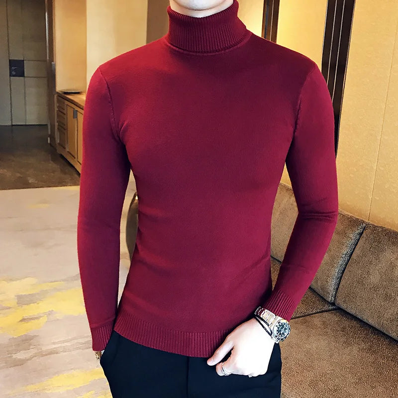 Bonsir Fall/Winter Men's Turtleneck Sweater Fashion Striped Solid Color Warm Knitted Sweater Men Double Collar Slim Fit Sweaters