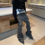 Bonsir High Street Washed Gray Boot Cut for Men and Women Straight Frayed Casual Baggy Flare Jeans Oversized Loose Denim Trousers