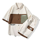 BONSIR  -  Men's Summer Trendy Brand Short Sleeve Shirt Snd Shorts Two piece Set Ice Silk Splicing Letter Pattern Printed Men's Casual Set
