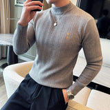 Bonsir Autumn Winter New Half High Collar Striped Sweater Men Long Sleeve Slim Fit Casual Knitted Stretch Pullovers Men's Clothing