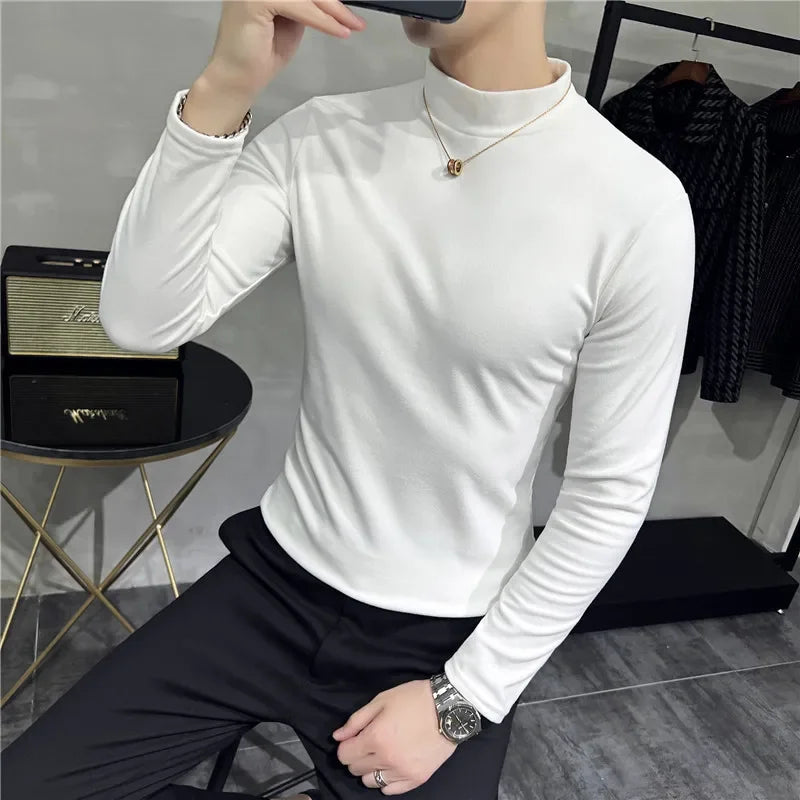 Bonsir Autumn Winter Half High Neck Velvet T-Shirt Korean Men's Slim Fit Solid Color Casual Long Sleeve Bottoming Tee Men Clothing 4XL