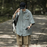 BONSIR  -  Men's Plaid Shirt Hooded Half Sleeved Fashionable Top Japanese Casual Single Breasted Short Sleeved Male Coat