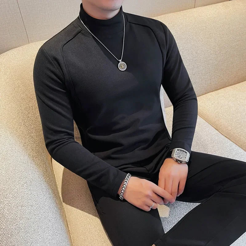 Bonsir Autumn Winter Men Half High Collar Long Sleeve T Shirts High Quality Velvet Solid Color Slim Fit Casual T-Shirt Men Clothing 4XL