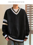 BONSIR  -  Preppy V-neck Sweater for Men Couples Pullovers Ins Knitted Top Autumn Korean Trendy Loose-fit Line Clothes for Students Youth