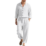 BONSIR  -  Summer Casual Mens Linen Two Piece Suits Leisure Breathable Long Sleeve Shirt And Trousers Men Outfits Fashion Solid Color Sets