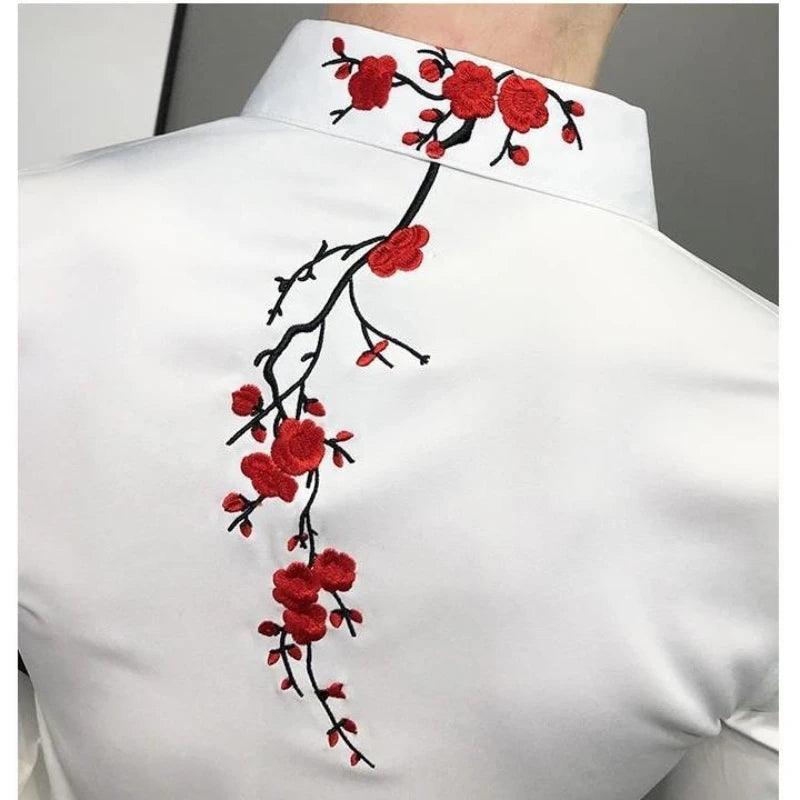 Bonsir Spring Slim Floral Embroidery Long-sleeved Men's Shirts Harajuku Y2K Korean Casual Fashion Trend POLO Collar Tops Male Clothes