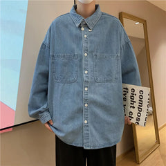 Bonsir Autumn ins high street cowboy shirt men's design inside couple simple long sleeve outside Lapel shirt Denim camisa jeans