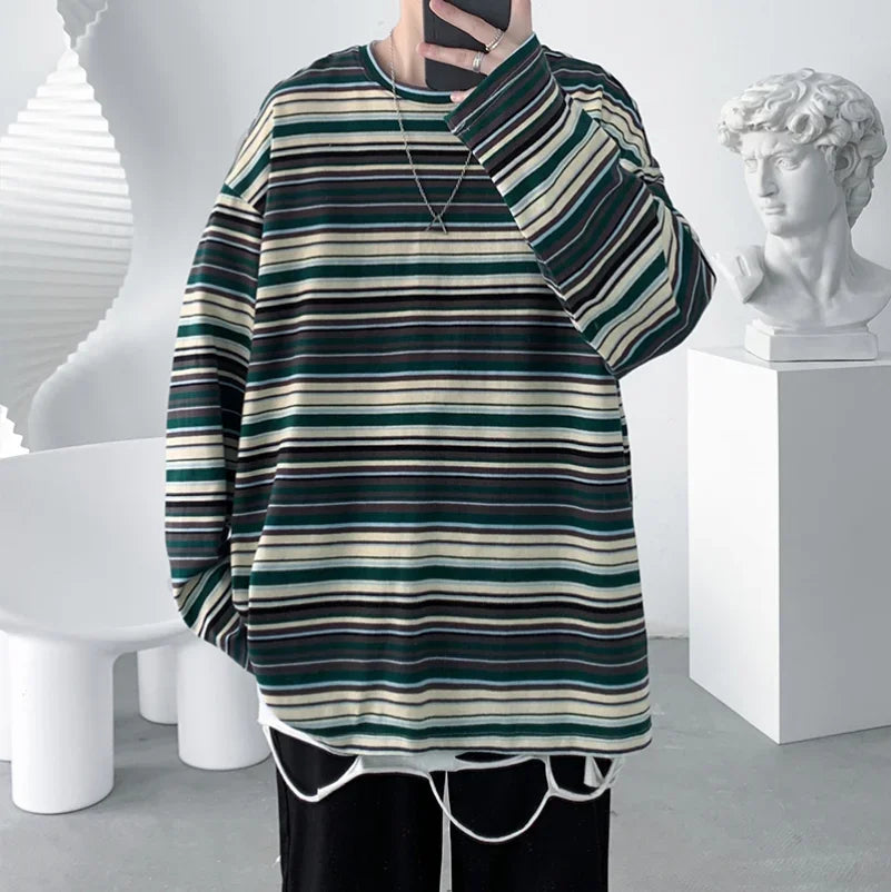 BONSIR  -  Fashion Long Sleeve Mens T Shirts Striped Tops Style Loose Casual Female Tshirt