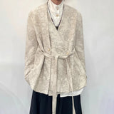 Bonsir Mens Jacket Jacquard Belt Elegant Apricot Suit Genderless Chinese Style Retro Court Style Campus Casual Long-Sleeve Top Unisex