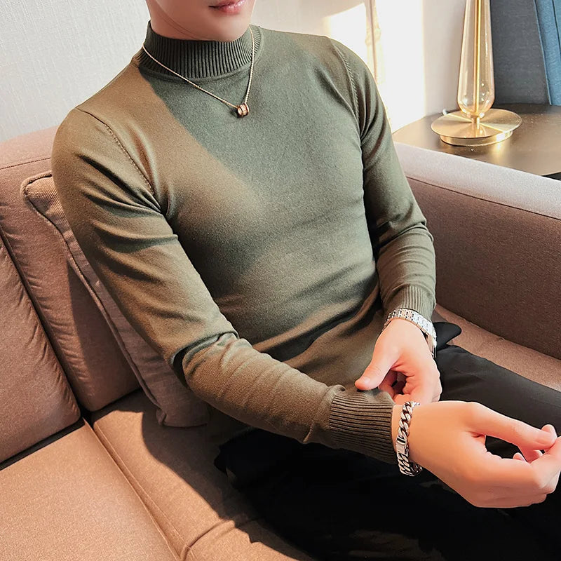 Bonsir Autumn Winter Half High Neck Sweater Men Solid Warm Knitwear Pullover High Quality Long Sleeve Slim Fit Elasticity T Shirt