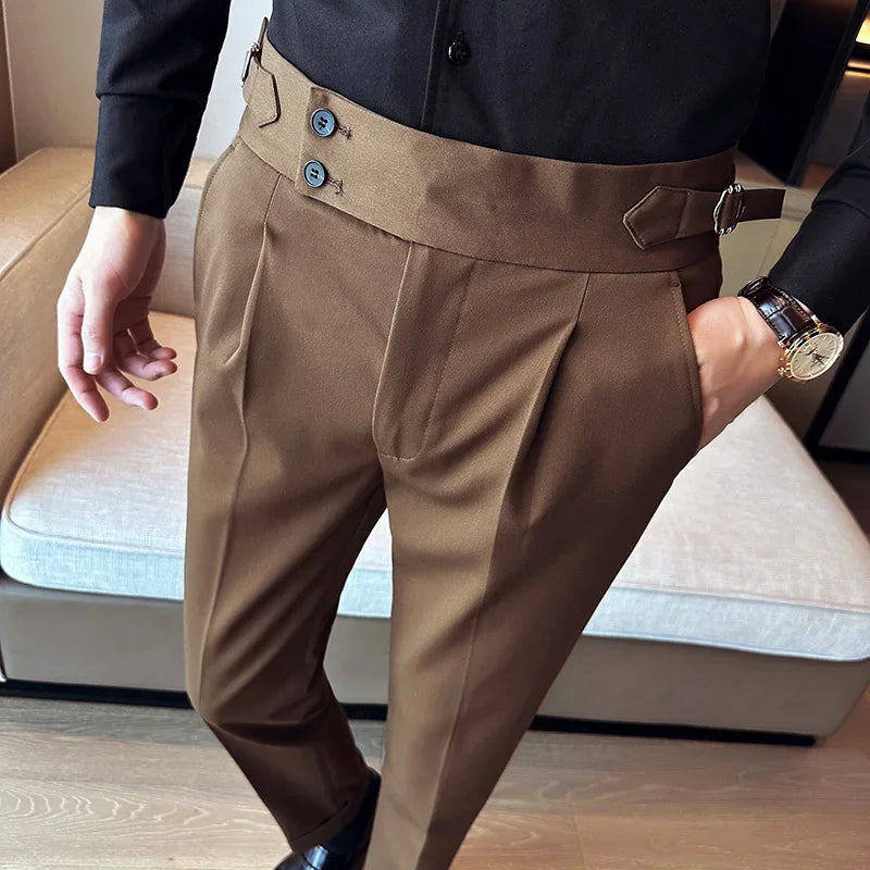 Bonsir Autumn Winter High Waist Business Dress Pants Men Casual Belt Design Slim Suit Pants Formal Wedding Social Party Male Trousers