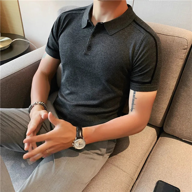 Bonsir Color Blocked Striped Knitted Polo Shirt Mens Summer Short Sleeved Lapel Ice Silk Tee Men Slim Business Social Polos Streetwear