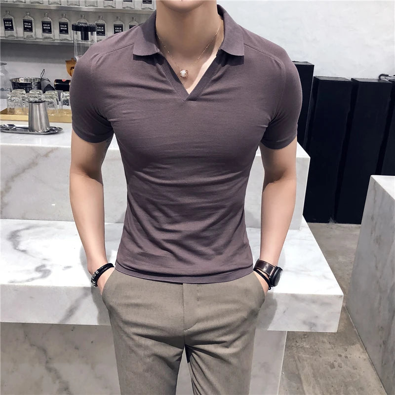 Bonsir Summer New V-neck Breathable Polo Shirt Men Clothing Fashion Short Sleeved Slim Fit  Solid Color Tee Tops Streetwear 4XL-M