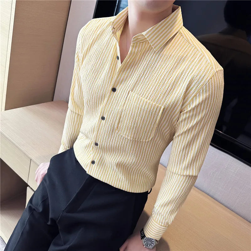 Bonsir Seersucker Fabric Striped Shirt Men's Summer Long Sleeve Slim Fit  Shirt Fashion Versatile Casual Sunscreen Clothes Shirts Coat