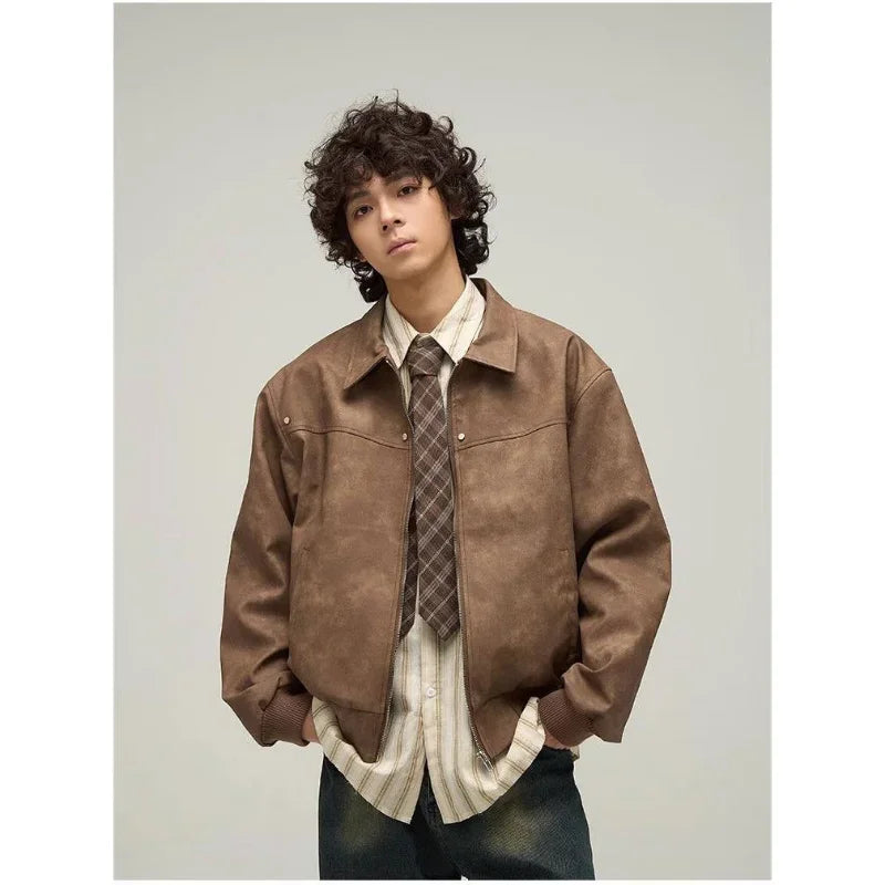 Bonsir Spring Autumn American Retro Brown Leather Jacket, Men's Trendy Ins High End Jacket