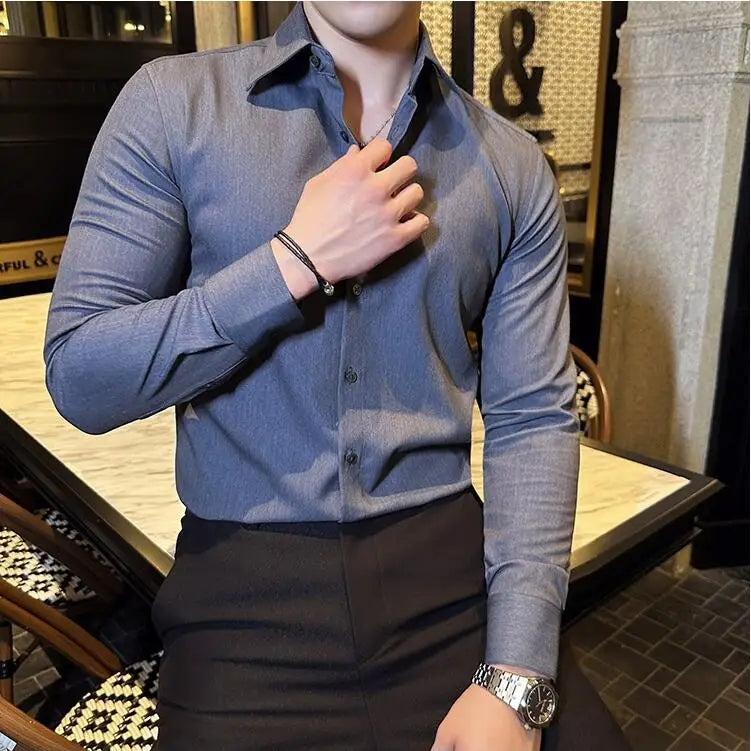 Bonsir 6 Colors Gentleman Lapel Slim Fit Shirt New Long Sleeve Solid Color Casual Business Social Party Shirts Men Clothing 4XL-M