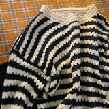 Bonsir Spring and Autumn Mens Y2K Retro Crochet Knitting Niche Stripe Design Hollow Long-sleeved Sweater Men's Round Neck Casual Tops
