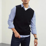 BONSIR  -  New Popular Preppy Style Men Sweater Vest Casual Knitted Streetwear Solid Color V Neck Waistcoat Leisure High Quality Knitwear