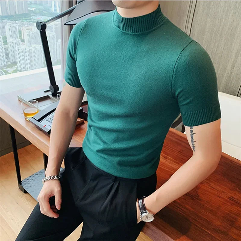 Bonsir Autumn Short Sleeve Sweater For Men High Quality Fashion Solid Slim Fit Pullovers Half High Neck Elastic Knitted Casual T Shirt