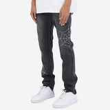 Bonsir Retro Rhinestone Spider Web Distressed Men's Jeans Pants High Street Straight Washed Casual Oversized Unisex Denim Trousers