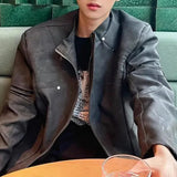 Bonsir Men Pu Leather Jacket Short Shoulder Pad Casual Jacket Streetwear Retro Personality Versatile Leather Jacket Men'S Clothing 2024
