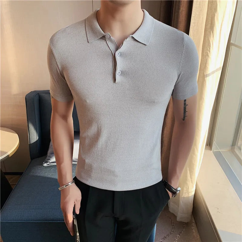 Bonsir British Style Summer Knitted Polo Shirt Solid Color Slim Fit Stretch Short Sleeve T-shirt Men Business Social Polos Streetwear