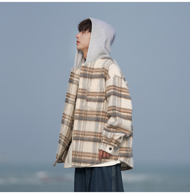 Bonsir Autumn/Winter New Woolen Plaid Loose Hooded Large Jacket Coat Fashion Men Clothing Daily Overcoat Handsome Unisex Parka