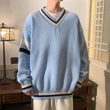 BONSIR  -  Preppy V-neck Sweater for Men Couples Pullovers Ins Knitted Top Autumn Korean Trendy Loose-fit Line Clothes for Students Youth