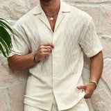 BONSIR  -  New Summer Men's Casual Daily Outdoor Travel Solid Jacquard Lapel Short-sleeved Shirt Drawstring Shorts Two-piece Set