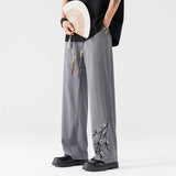 BONSIR  -  Drawstring Sweatpants Thin Men's Fashion Embroidered Wide Pants Straight Comfortable Casual Male Clothes Trousers Streetwear