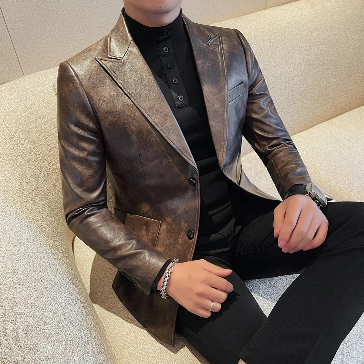 Bonsir Classics Autumn Winter Leather Suit Jackets Dress Men Solid Slim Casual Business Blazer Office Wedding Social Dress Men Clothing