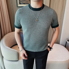 Bonsir Autumn New Checkered Crew Neck Casual Short Sleeve T-Shirt High Quality Knitted Sweater Tops  Streetwear Social Casual Tee Shirt